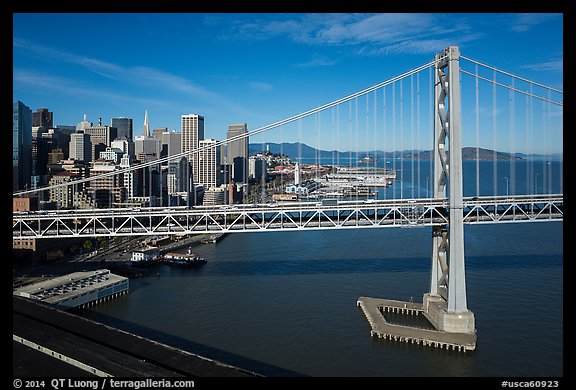 Aerial view of Bay Bridge and Embarcadero. San Francisco, California, USA (color)