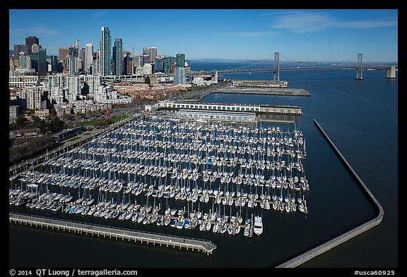 Aerial view of South Beach Harbor, downtown, and Bay Bridge. San Francisco, California, USA (color)