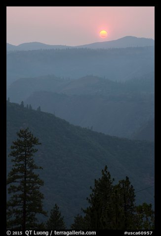 Sun setting over ridges, Stanislaus National Forest. California, USA (color)