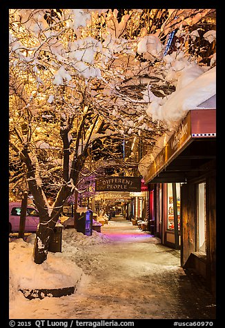 Sidewalk with fresh snow at night, Truckee. California, USA (color)