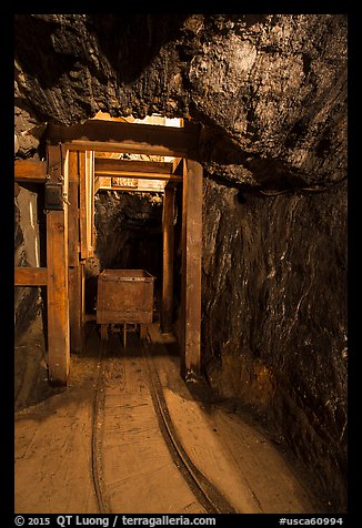 Tracks and car for ore removal, Gold Bug Mine, Placerville. California, USA (color)