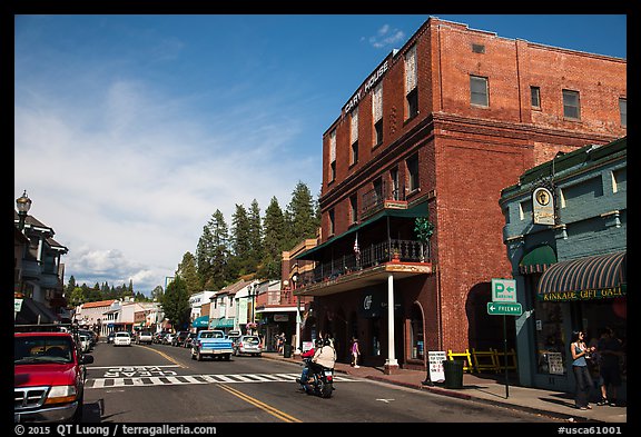 Brick building and main street, Placerville. California, USA (color)