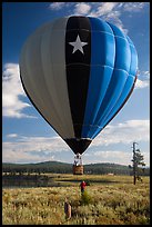 Hot air balloon low next to Prosser Reservoir, Tahoe National Forest. California, USA ( color)