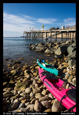 Sea Kayaks used for abalone diving and Wharf. California, USA (color)