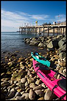Sea Kayaks used for abalone diving and Wharf. California, USA ( color)
