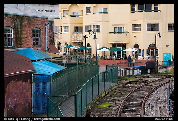 Historic, modern buildings, railroad tresle. Petaluma, California, USA (color)