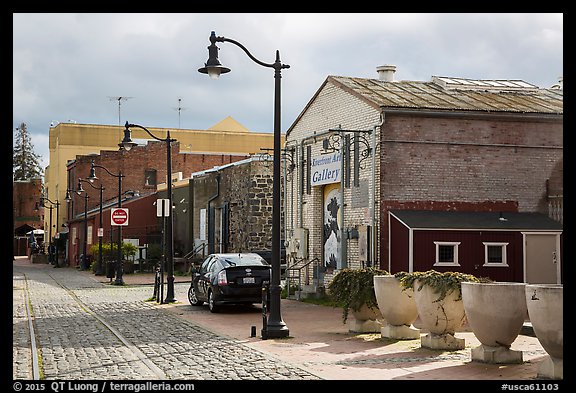 Cobblestone street in downtown. Petaluma, California, USA (color)