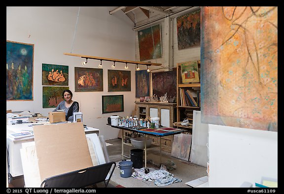 Artist in painting studio. Berkeley, California, USA (color)