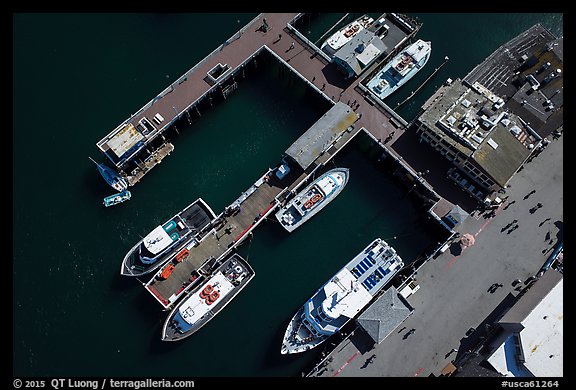 Aerial view of wharf and tour boats. Monterey, California, USA (color)