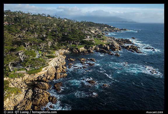 Aerial view of coastline, 17-mile drive. Pebble Beach, California, USA (color)