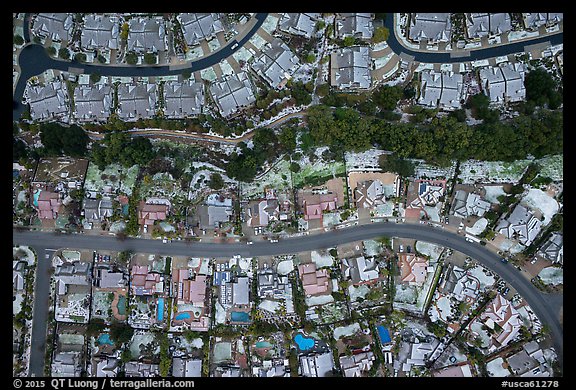 Aerial view of Meadowlands with hail. San Jose, California, USA (color)