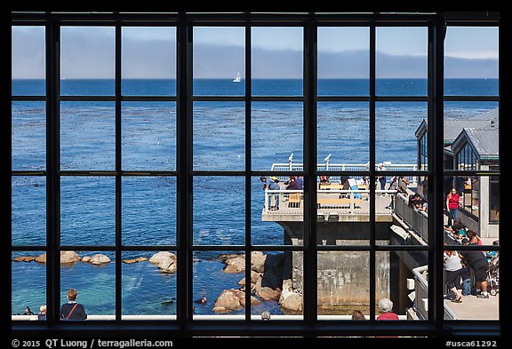 Monterey Bay framed by Monterey Bay Aquarium window. Monterey, California, USA (color)