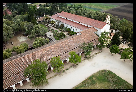 Aerial view of Mission San Juan arcades and church. San Juan Bautista, California, USA (color)
