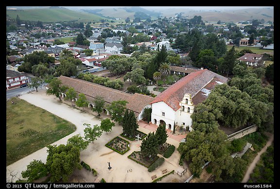 Aerial view of Mission San Juan and San Juan Bautista. San Juan Bautista, California, USA (color)