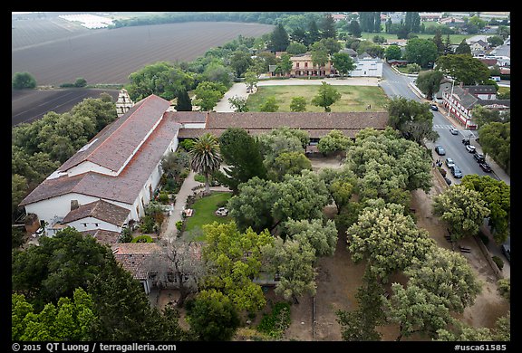 Aerial view of Mission San Juan courtyard and San Juan Bautista State Historic Park. San Juan Bautista, California, USA (color)