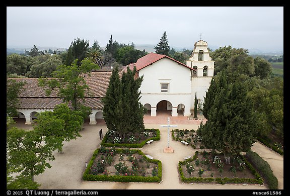 Aerial view of Mission San Juan church. San Juan Bautista, California, USA (color)