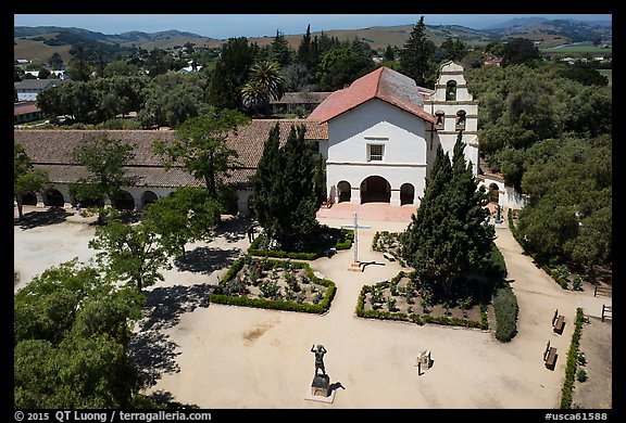 Aerial view of Mission San Juan Bautista. San Juan Bautista, California, USA (color)