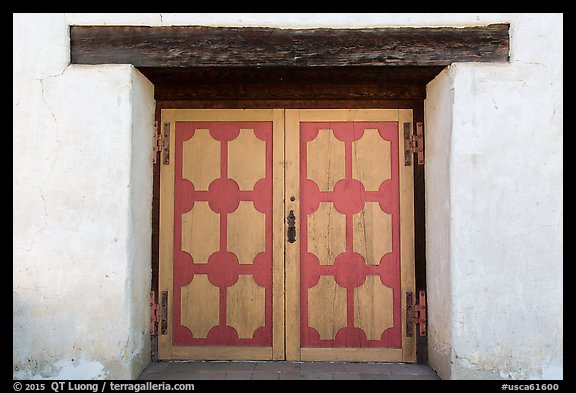 Decorated wooden door, Mission San Miguel. California, USA (color)