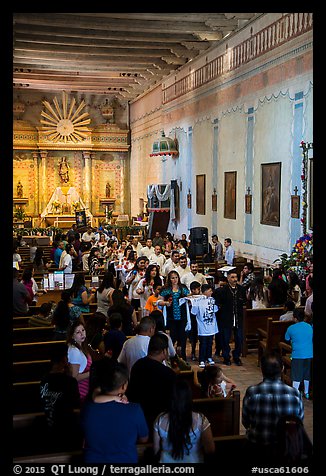 Church interior during festival, Mission San Miguel. California, USA (color)