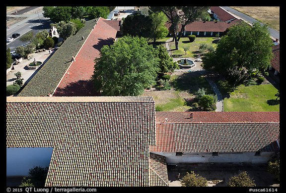 Aerial view of Mission San Miguel roofs and garden. California, USA (color)