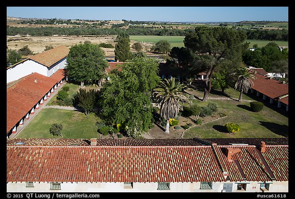 Aerial view of Mission San Miguel rooftops, church, and courtyard. California, USA (color)