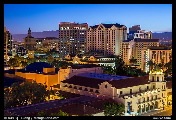 City National Civic and city skyline at night. San Jose, California, USA (color)