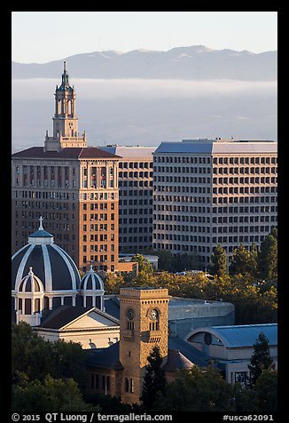 San Jose landmarks: Museum of Art, St Joseph Cathedral, Bank of Italy building. San Jose, California, USA (color)