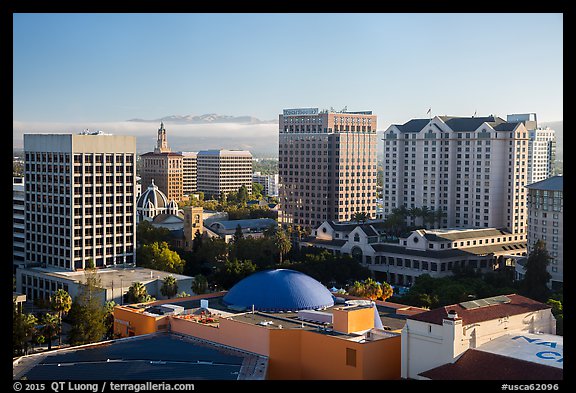 San Jose skyline with early morning fog over hills. San Jose, California, USA (color)