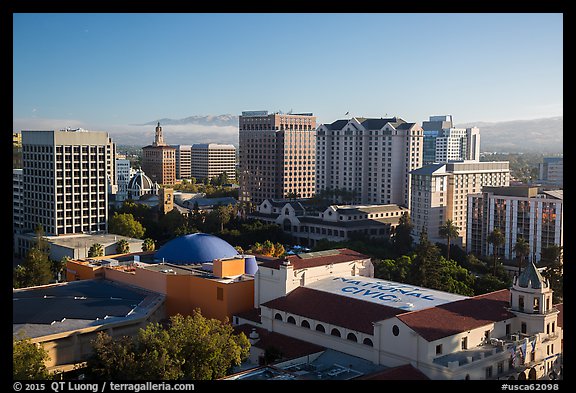 City National Civic, Tech Museum, and city skyline. San Jose, California, USA (color)