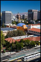 Light rail, Tech Museum and downtown skyline from above. San Jose, California, USA ( color)