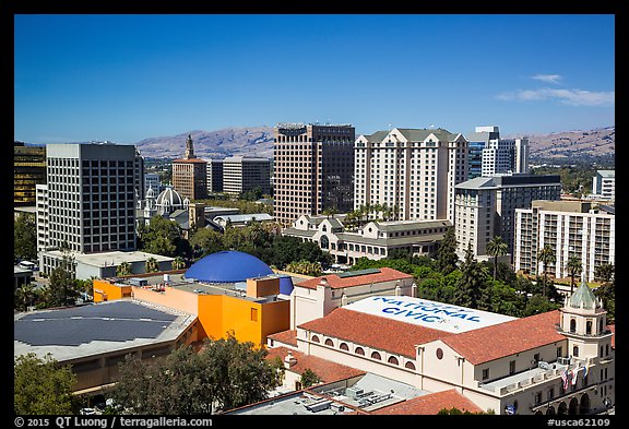 San Jose skyline above Plaza de Cesar Chavez from above. San Jose, California, USA (color)