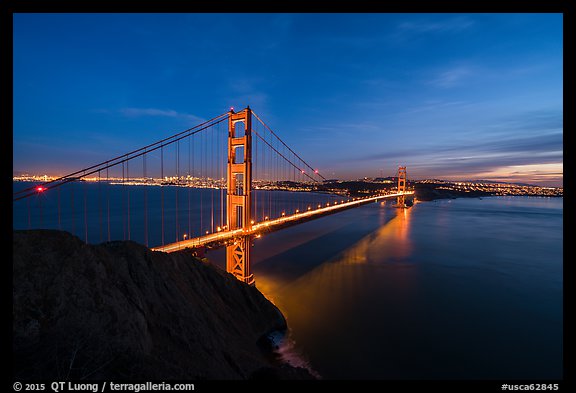Golden Gate Bridge and city from Battery Spencer, dusk. San Francisco, California, USA (color)