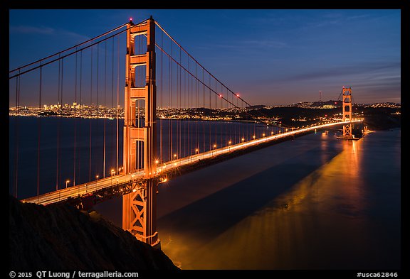 Golden Gate Bridge and San Francisco at night. San Francisco, California, USA (color)
