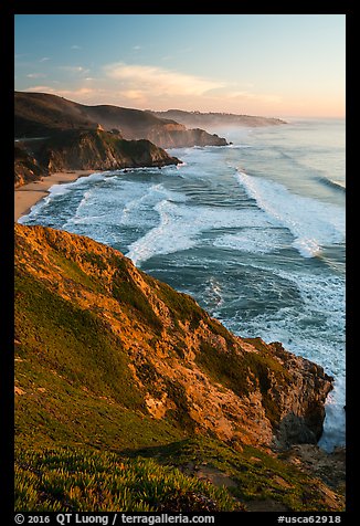 Coastline, Grey Whale Cove, and Montara, sunset. San Mateo County, California, USA (color)