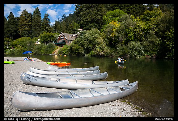 Canoes and Russian River, Monte Rio. California, USA (color)