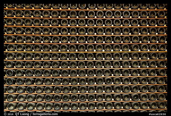 Champagne bottles in cellar, Korbel Champagne Cellars, Guerneville. California, USA (color)