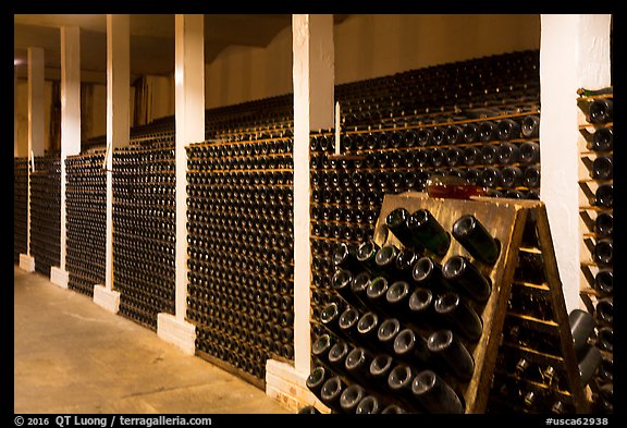 Bottles in cellar, Korbel Champagne Cellars, Guerneville. California, USA (color)