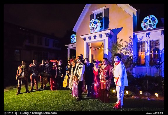 Family and guests pose in Halloween costumes. Petaluma, California, USA (color)