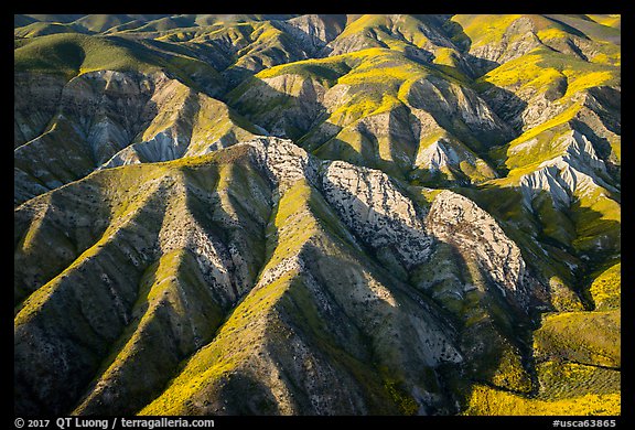 Aerial view of Temblor Range ridges in springtime. Carrizo Plain National Monument, California, USA (color)