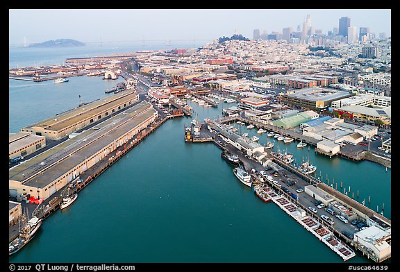 Aerial view of Fishermans Wharf and skyline. San Francisco, California, USA (color)