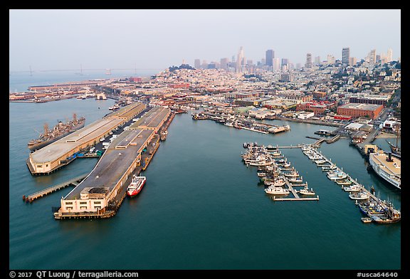 Aerial view of Pier 45 and Hyde Street Pier with skyline. San Francisco, California, USA (color)
