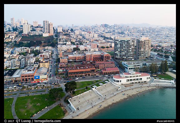 Aerial view of Maritime Museum and Ghirardelli Square. San Francisco, California, USA (color)
