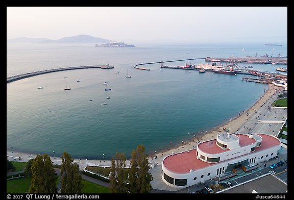 Aerial view of Maritime Museum and Aquatic Park. San Francisco, California, USA (color)