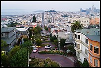 Aerial view of Lombard Street, Coit Tower, and Transamerica Pyramid. San Francisco, California, USA ( color)