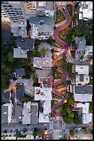 Aerial view of Lombard Street at dusk looking down. San Francisco, California, USA ( color)
