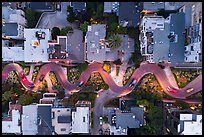 Aerial view of Lombard Street turns at dusk looking down. San Francisco, California, USA ( color)