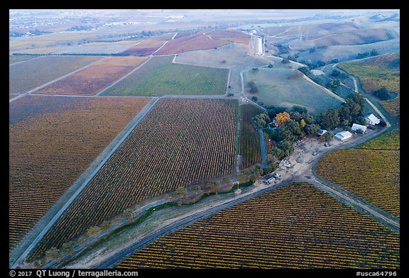 Aerial view of barns and  vineyards in autumn. Livermore, California, USA (color)
