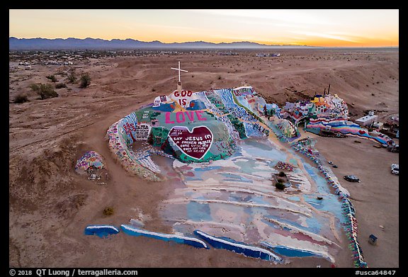 Aerial view of Salvation Mountain at sunrise. Nyland, California, USA (color)