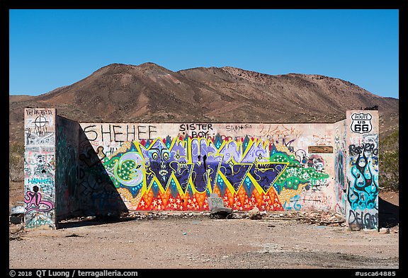 Abandonned building with graffiti along route 66. Mojave Trails National Monument, California, USA (color)