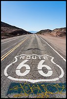 National Trails Highway (Route 66) marker and mountains. Mojave Trails National Monument, California, USA ( color)